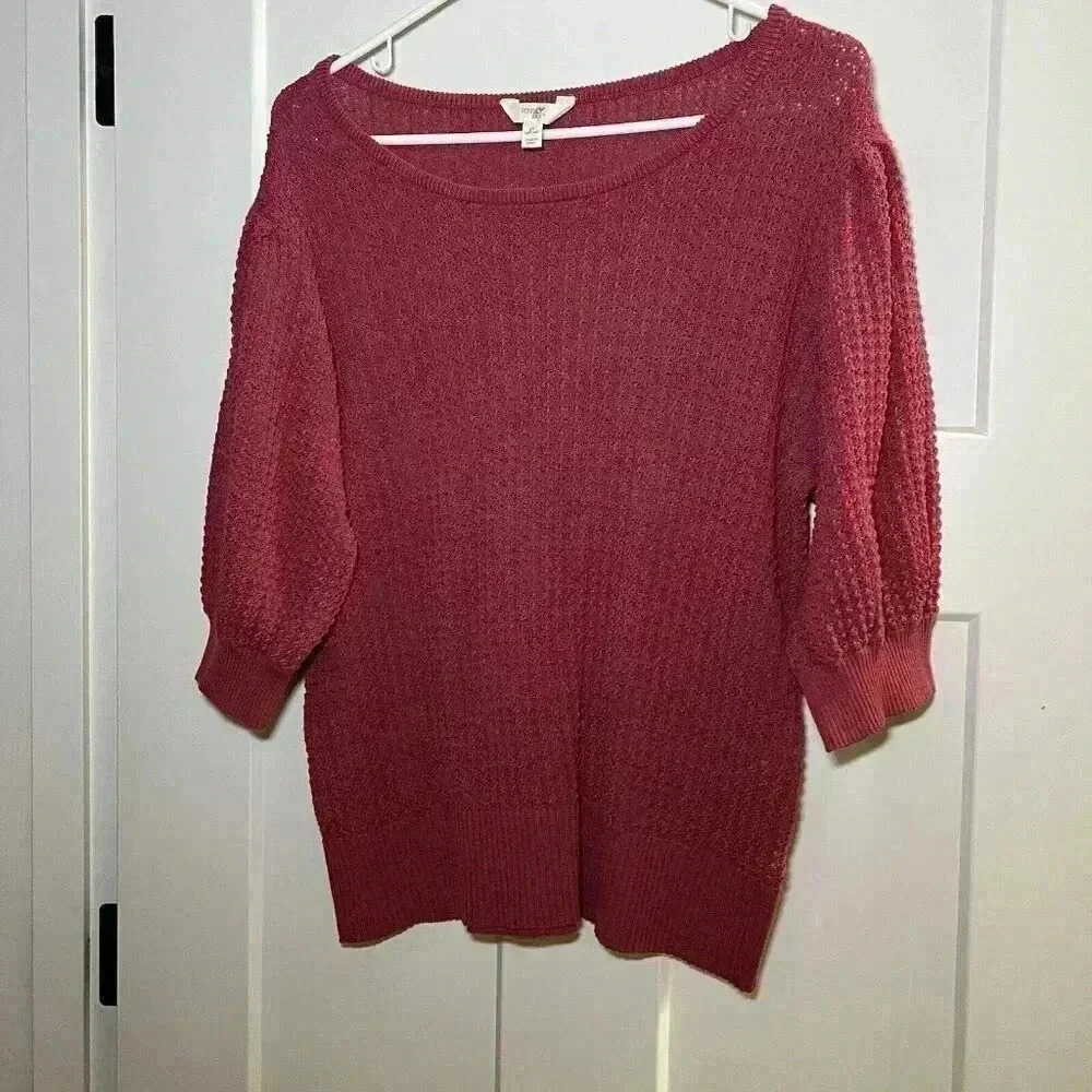 Terra Sky 3x Pink Knit Textured Sweater With Puff Sleeves Plus Size Tops - Picture 3 of 10